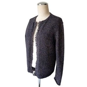 Eileen Fisher Marled Open Front Fringe Cardigan Sweater - Petite M